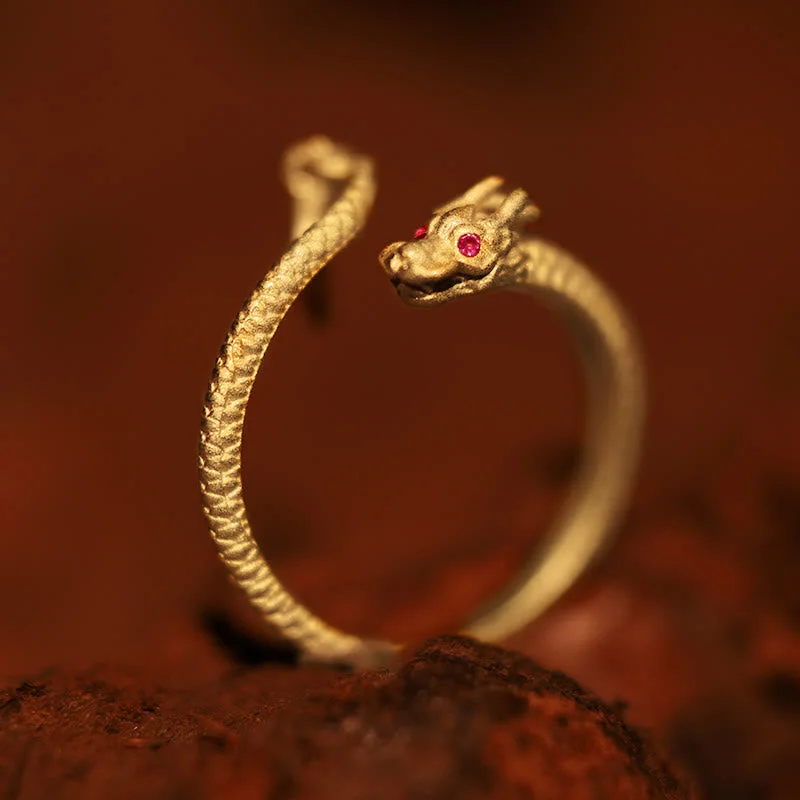 Chic Women's Rings for Fashion-Forward Looks-Buddha Stones 925 Sterling Silver Vintage Year of the Dragon Luck Protection Strength Adjustable Ring