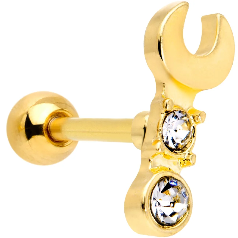 Women's Earrings – Elegant Designs for Every Personality--16 Gauge 1/4 Clear CZ Gem Gold Tone Crescent Wrench Cartilage Tragus