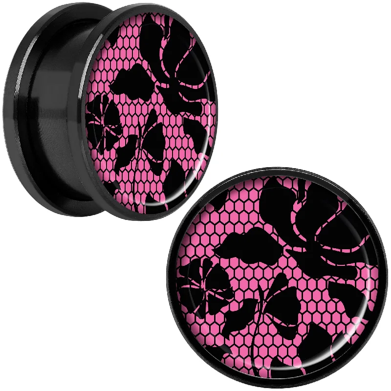 Women's Earrings – Elegant Designs for Every Personality--Pink Floral Lace Black Anodized Screw Fit Plug Set 18mm Women's Earrings – Elegant Designs for Every Personality--Pink Floral Lace Black Anodized Screw Fit Plug Set 18mm