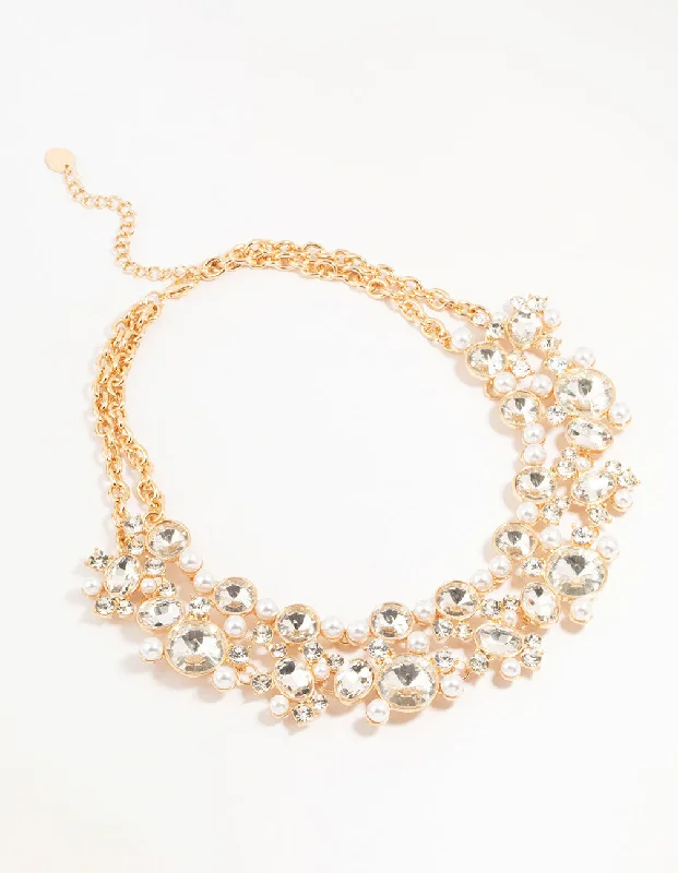 Shop Classic Women's  Necklaces & Pendants with a Modern Twist-Gold Statement Diamante Pearl Necklace