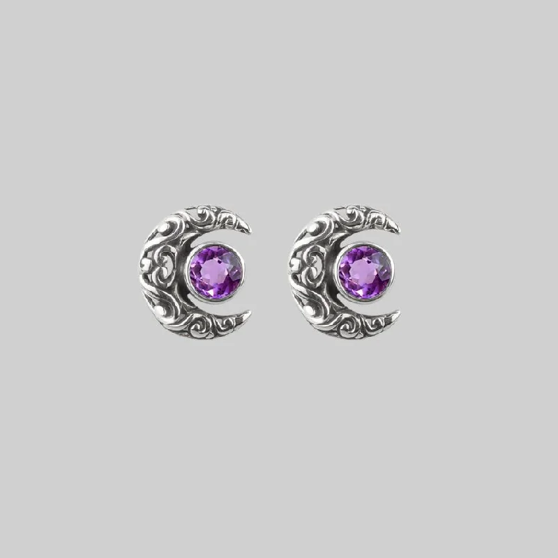 Women's Earrings – Elegant Designs for Every Personality--WISDOM. Silver Moon Crescent Earrings - Amethyst