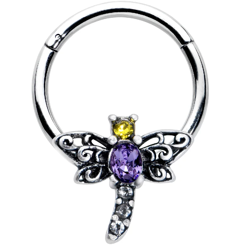 Elegant Nose Rings with Classic Touch -16 Gauge 3/8 Purple Yellow Gem Dragonfly Hinged Segment Ring Elegant Nose Rings with Classic Touch -16 Gauge 3/8 Purple Yellow Gem Dragonfly Hinged Segment Ring
