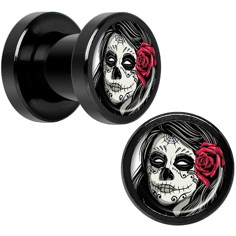 Women's Earrings – Elegant Designs for Every Personality--Katrina Sugar Skull Rose Flower Black Anodized Screw Fit Plug Set 2 Gauge Women's Earrings – Elegant Designs for Every Personality--Katrina Sugar Skull Rose Flower Black Anodized Screw Fit Plug Set 2 Gauge