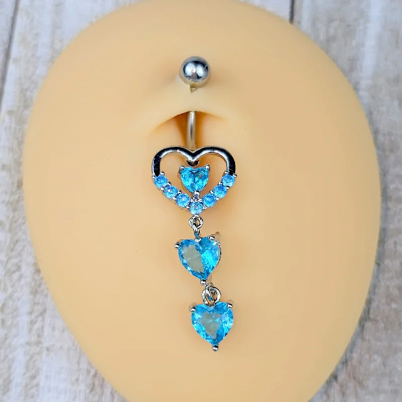 Classic Belly Rings with Sleek Design -Blue Gem All My Hearts Dangle Belly Ring