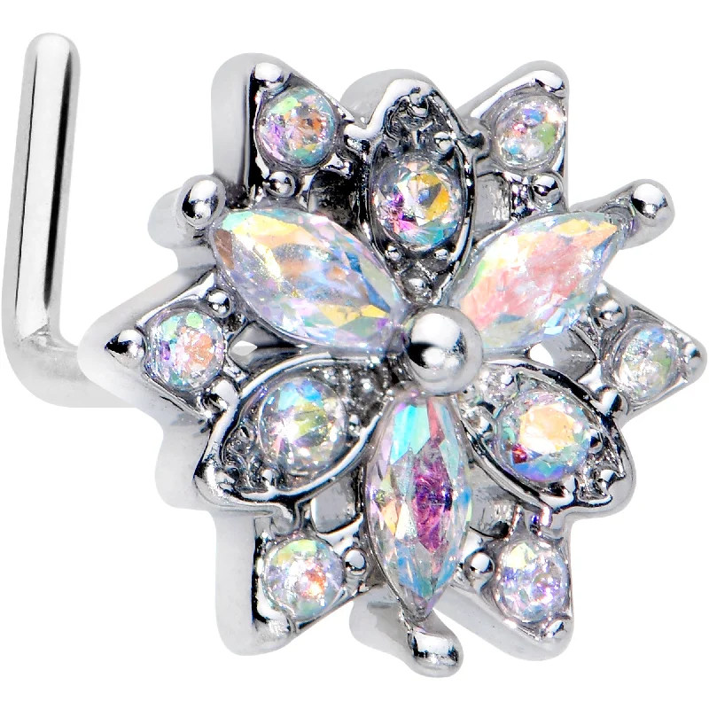 Nose Rings with Delicate Designs -20 Gauge 7mm Aurora CZ Gem Snowflake Style L Shape Nose Ring Nose Rings with Delicate Designs -20 Gauge 7mm Aurora CZ Gem Snowflake Style L Shape Nose Ring