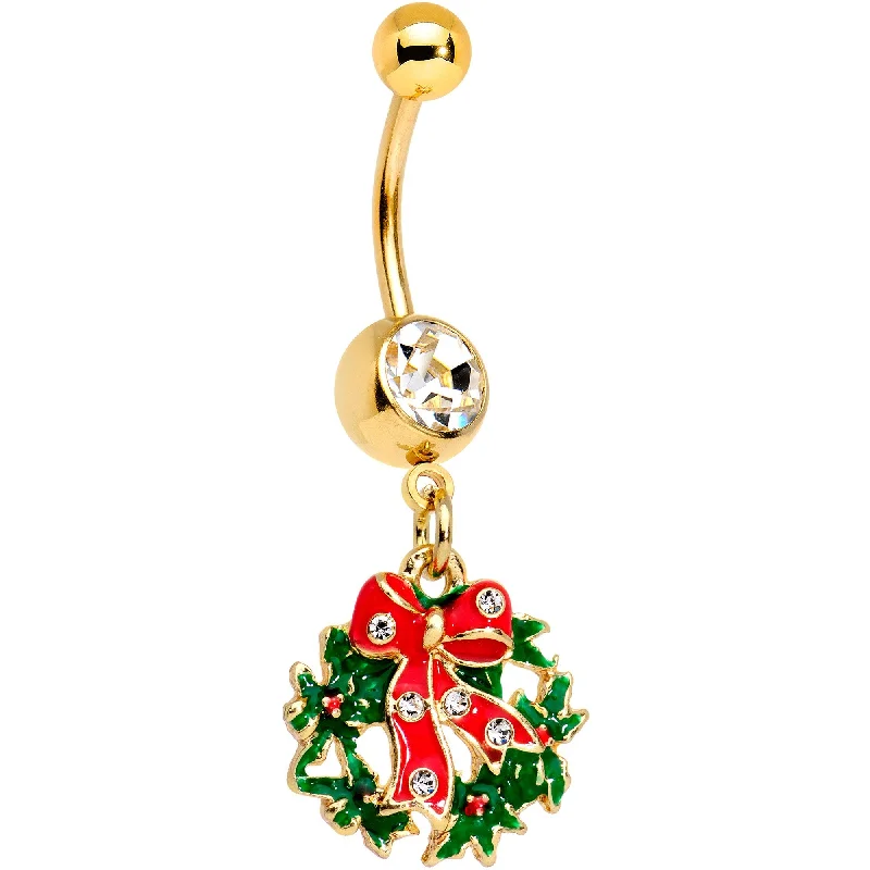 Belly Rings with Designer Touch -Clear Gem Red Bow Christmas Wreath Dangle Belly Ring Belly Rings with Designer Touch -Clear Gem Red Bow Christmas Wreath Dangle Belly Ring