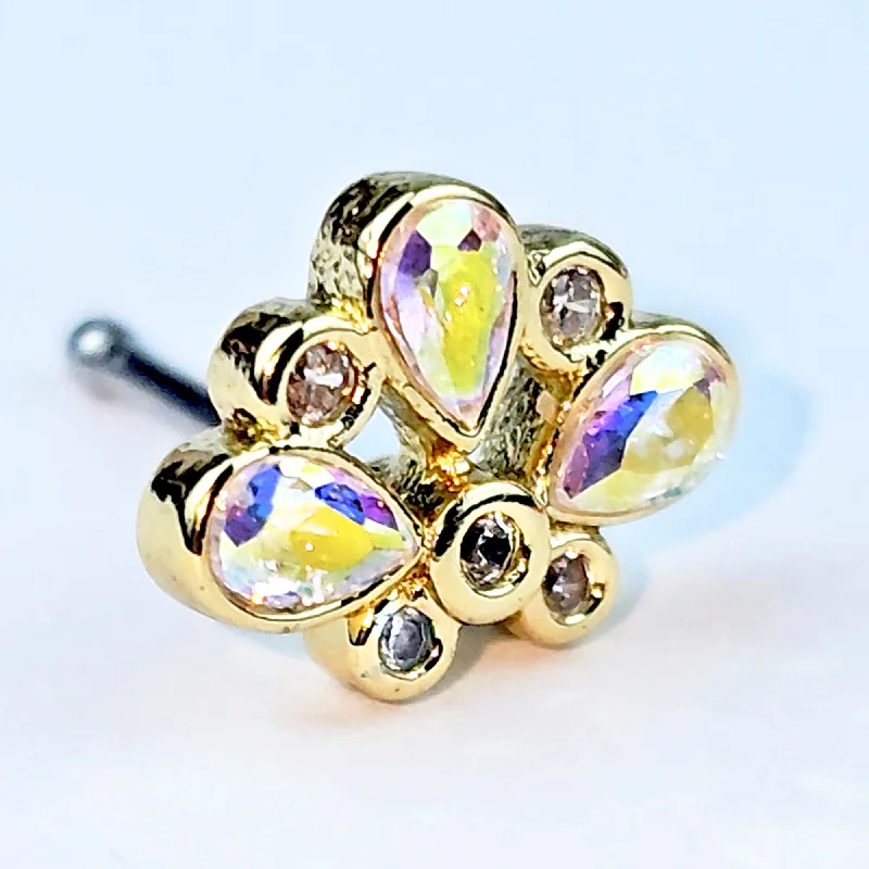 Nose Rings with Crystals -20 Gauge 1/4 Aurora Gem Golden Crown Deluxe Nose Bone