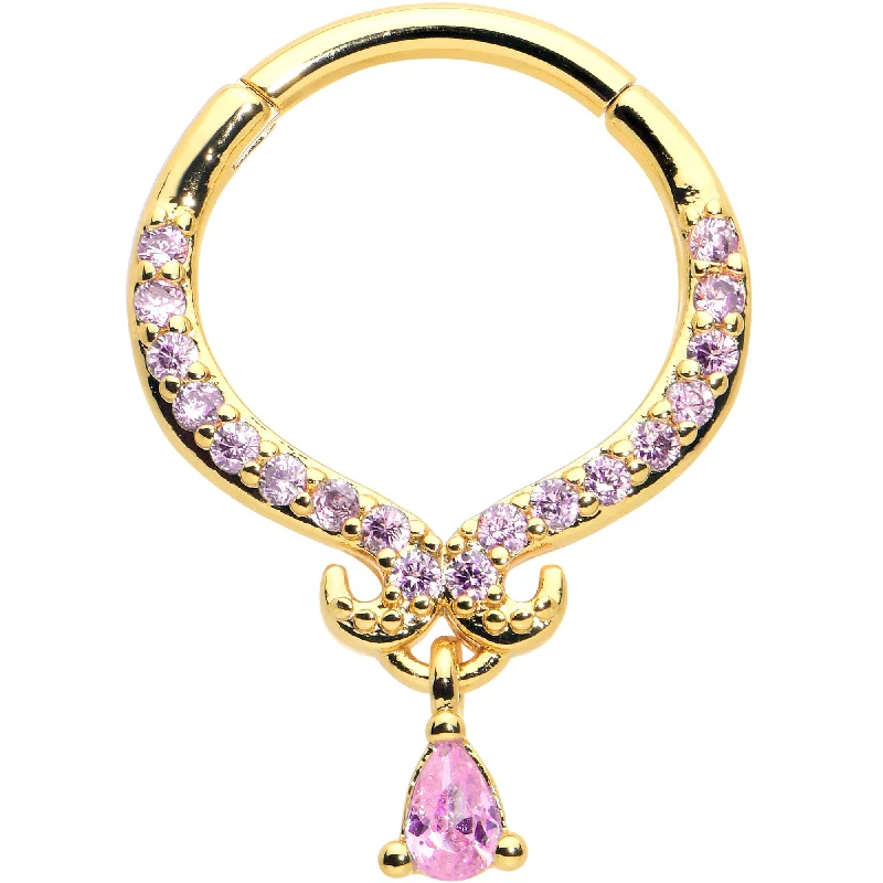 Nose Rings for Everyday Accessories -16 Gauge 3/8 Pink CZ Gem Gold Tone Elegant Curves Hinged Segment Ring Nose Rings for Everyday Accessories -16 Gauge 3/8 Pink CZ Gem Gold Tone Elegant Curves Hinged Segment Ring
