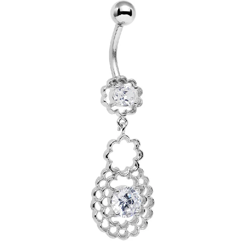 Comfortable Belly Rings for Sensitive Piercings -Clear Cubic Zirconia Crochet Flower Dangle Belly Ring Comfortable Belly Rings for Sensitive Piercings -Clear Cubic Zirconia Crochet Flower Dangle Belly Ring