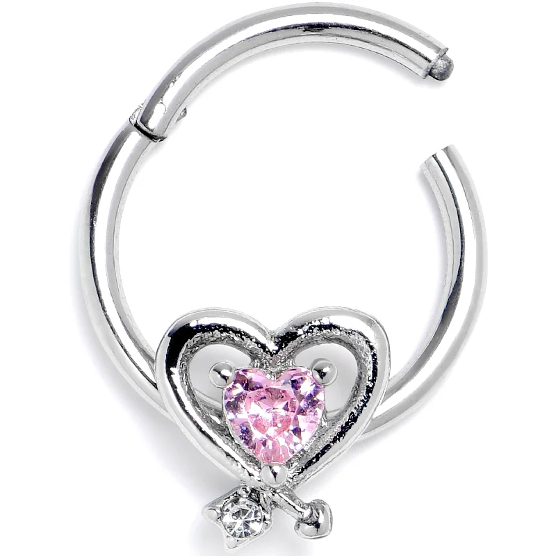 Comfortable and Elegant Nose Rings for All -16 Gauge 3/8 Pink CZ Gem Wrapped In Heart Hinged Segment Ring Comfortable and Elegant Nose Rings for All -16 Gauge 3/8 Pink CZ Gem Wrapped In Heart Hinged Segment Ring