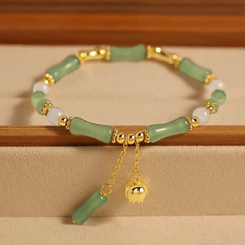 Custom Charm Bangles for Women-Buddha Stones Green Aventurine Bamboo Jade Pattern Lily Of The Valley Charm Luck Bracelet Custom Charm Bangles for Women-Buddha Stones Green Aventurine Bamboo Jade Pattern Lily Of The Valley Charm Luck Bracelet