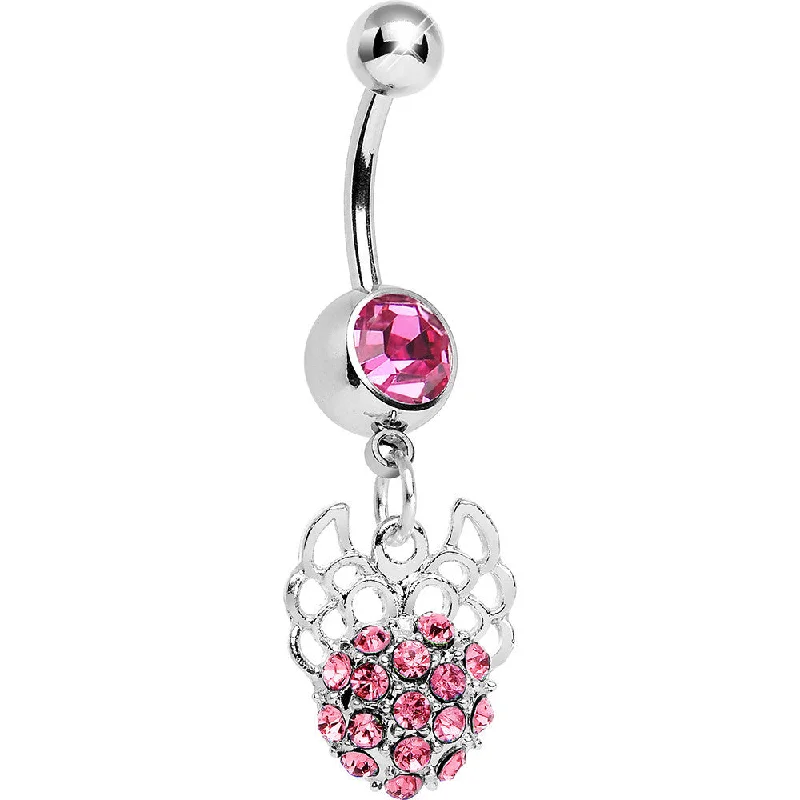 Trendy Belly Rings with Unique Features -Pink Gem Paved Ball with Filigree Wings Dangle Belly Ring Trendy Belly Rings with Unique Features -Pink Gem Paved Ball with Filigree Wings Dangle Belly Ring