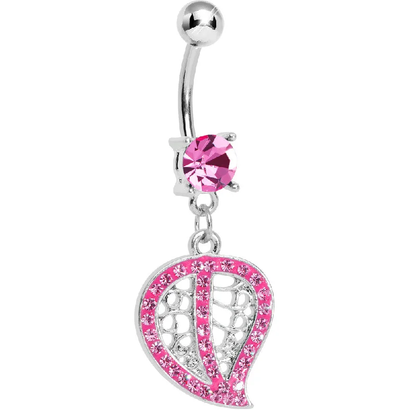 Designer Belly Rings for Glamorous Looks -Pink Gem Paved Hollow Leaf Dangle Belly Ring Designer Belly Rings for Glamorous Looks -Pink Gem Paved Hollow Leaf Dangle Belly Ring