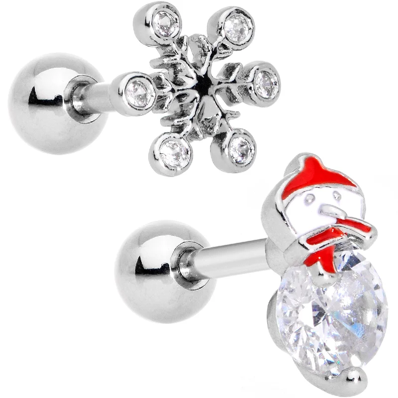 Women's Earrings – Elegant Designs for Every Personality--Clear Gem Winter Fun Snowflake Snowman Cartilage Tragus Set of 2