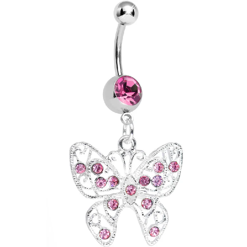 Belly Rings with Silver Finish -Pink Gem Fancy Filigree Butterfly Belly Ring