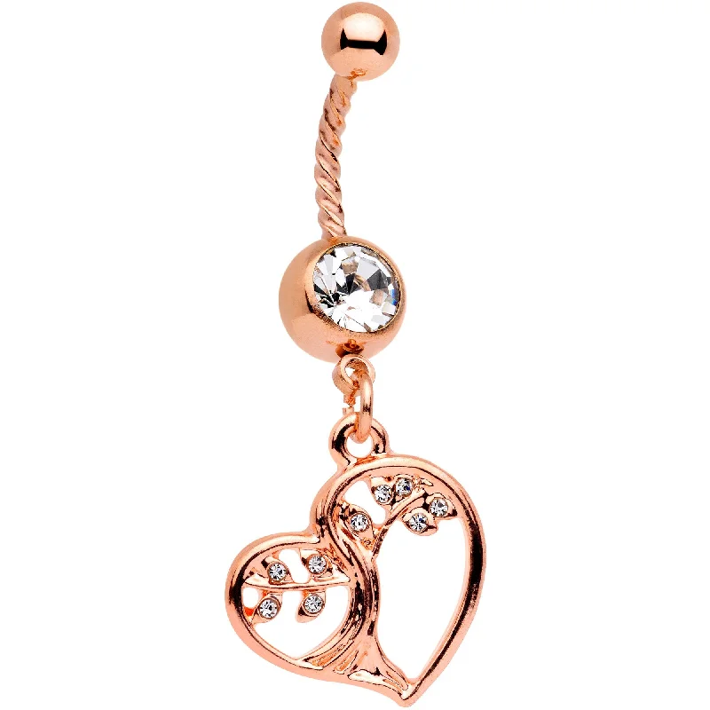 Comfortable Belly Rings with Chic Finish -Clear Gem Rose Gold Tone Tree of Love Twisted Dangle Belly Ring Comfortable Belly Rings with Chic Finish -Clear Gem Rose Gold Tone Tree of Love Twisted Dangle Belly Ring