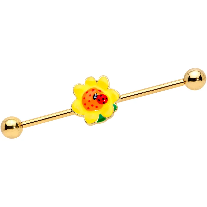 Women's Earrings – Elegant Designs for Every Personality--14 Gauge Gold Tone Sunny Flower Ladybug Industrial Barbell 38mm