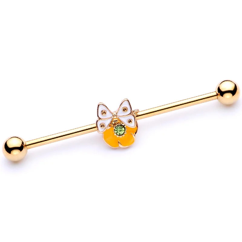 Women's Earrings – Elegant Designs for Every Personality--14 Gauge Green Gem Gold Tone Butterfly Flower Industrial Barbell 38mm Women's Earrings – Elegant Designs for Every Personality--14 Gauge Green Gem Gold Tone Butterfly Flower Industrial Barbell 38mm