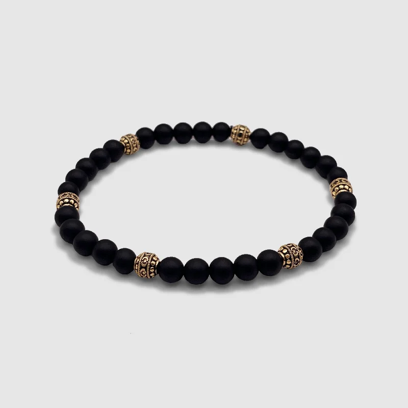 Metal and Leather Bracelets for Men-Matte Onyx Stone Bracelet (Gold)