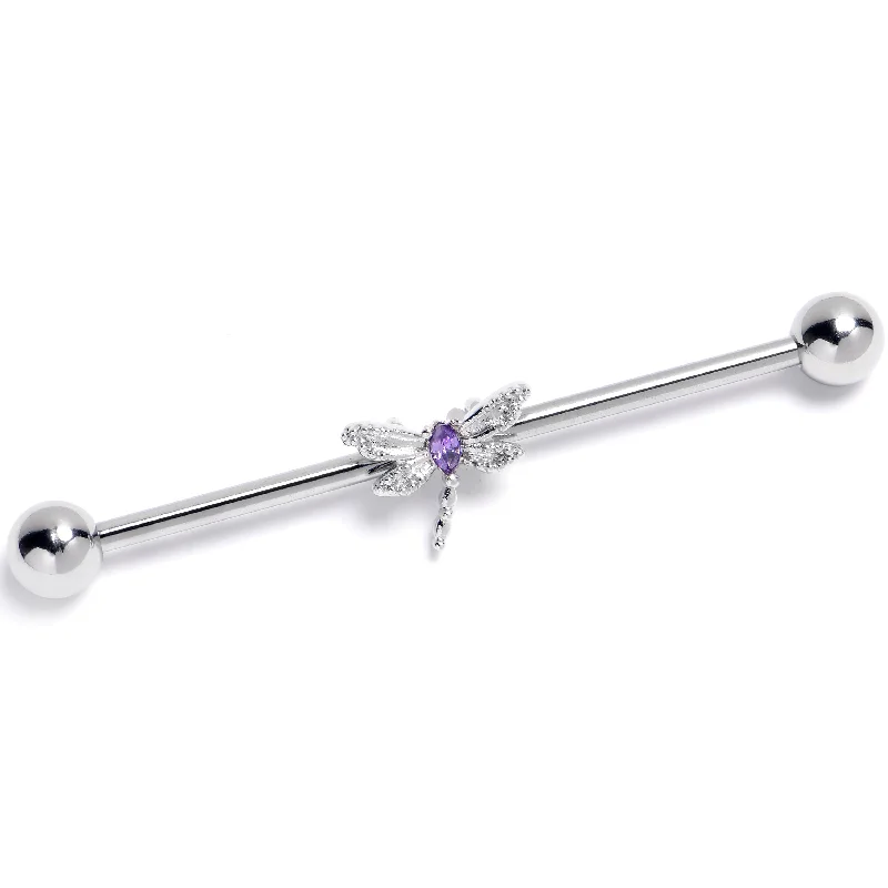 Women's Earrings – Elegant Designs for Every Personality--14 Gauge Purple Gem Texture Dragonfly Industrial Barbell 38mm