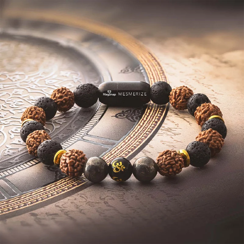 Affordable Silver Bracelets for Men-Spiritual Rudraksh Natural Stone Pyrite Om Bracelet