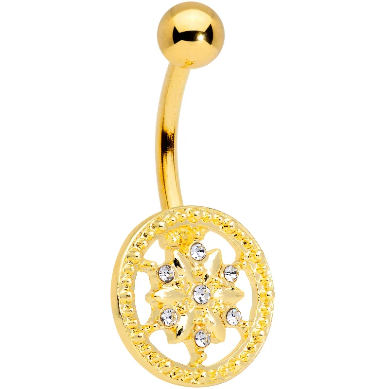 Beautiful Belly Rings for Dazzling Effect -Clear Gem Gold Tone Floral Finery Flower Belly Ring Beautiful Belly Rings for Dazzling Effect -Clear Gem Gold Tone Floral Finery Flower Belly Ring