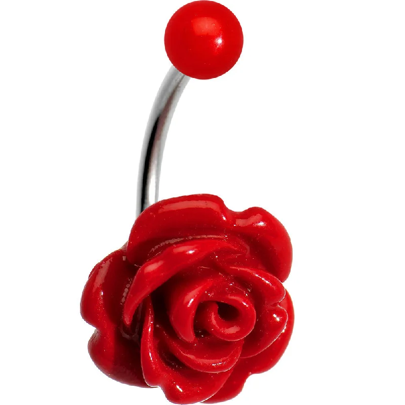 Unique Belly Rings for Bold Style -Red Beautiful Blooming Stone Flower Rose J-Bar Belly Ring Unique Belly Rings for Bold Style -Red Beautiful Blooming Stone Flower Rose J-Bar Belly Ring