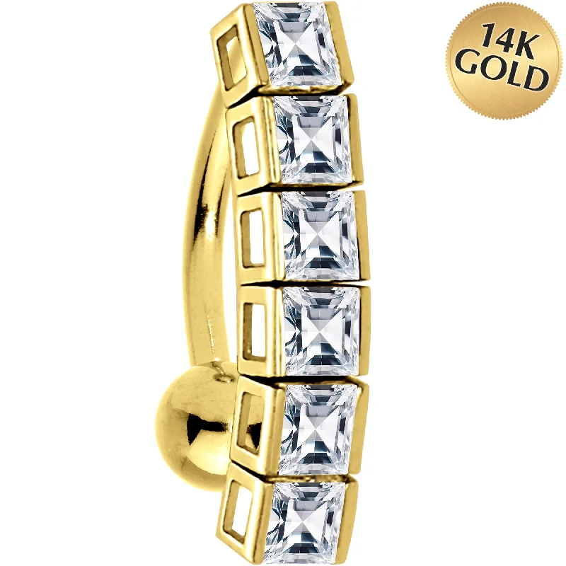 Trendy Belly Rings for Chic Fashion -16 Gauge Solid 14KT Yellow Gold Top Drop Princess Cubic Zirconia Belly Ring Trendy Belly Rings for Chic Fashion -16 Gauge Solid 14KT Yellow Gold Top Drop Princess Cubic Zirconia Belly Ring