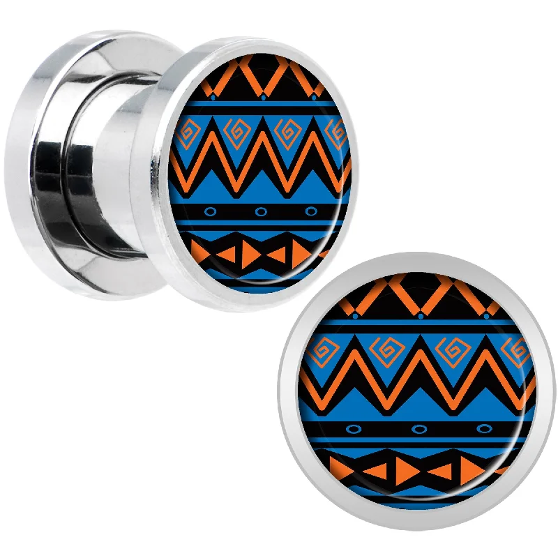Women's Earrings – Elegant Designs for Every Personality--Blue Orange Tribal Print Steel Screw Fit Plug Set 0 Gauge