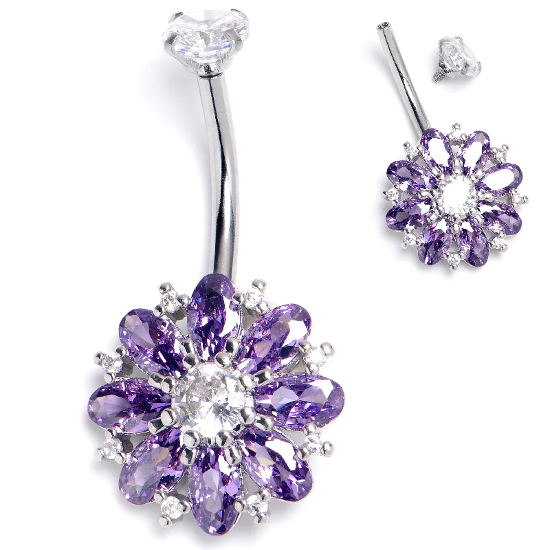 Stylish Belly Rings for Special Moments -Clear Purple CZ Gem Internally Threaded Blooming Glory Belly Ring Stylish Belly Rings for Special Moments -Clear Purple CZ Gem Internally Threaded Blooming Glory Belly Ring