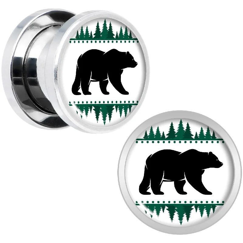 Women's Earrings – Elegant Designs for Every Personality--Winter Polar Bear in Woods Screw Fit Plug Set Sizes 5mm to 20mm