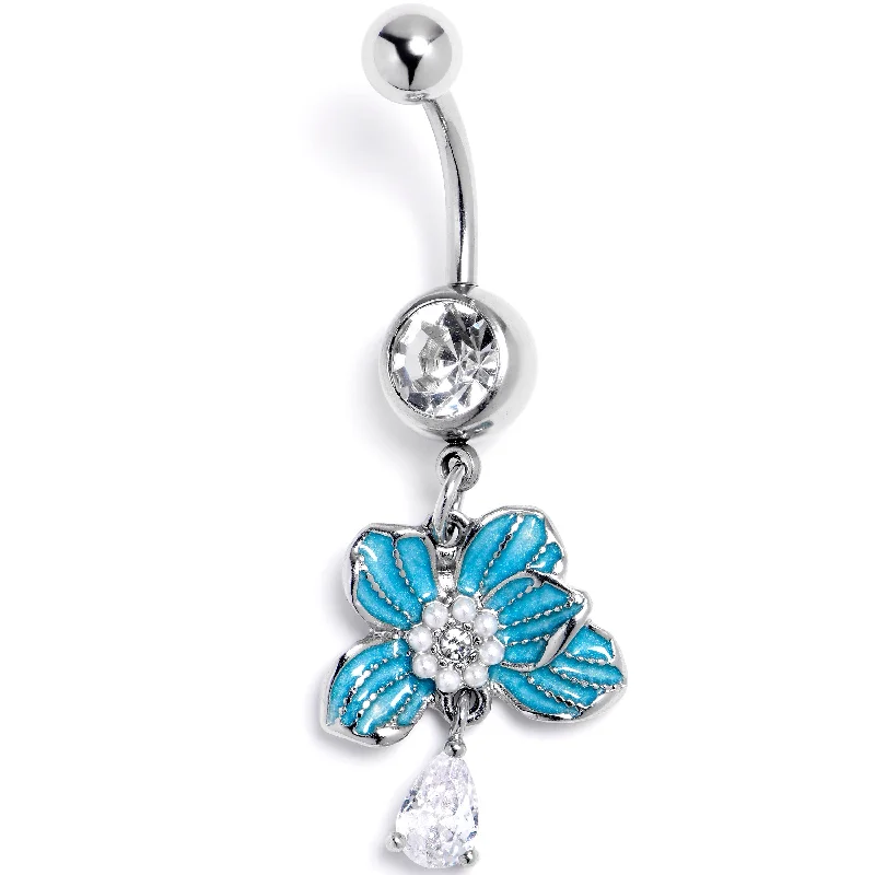 Belly Rings with Unique Designs for Custom Style -Clear CZ Gem Flower Blue Blossom Dangle Belly Ring Belly Rings with Unique Designs for Custom Style -Clear CZ Gem Flower Blue Blossom Dangle Belly Ring