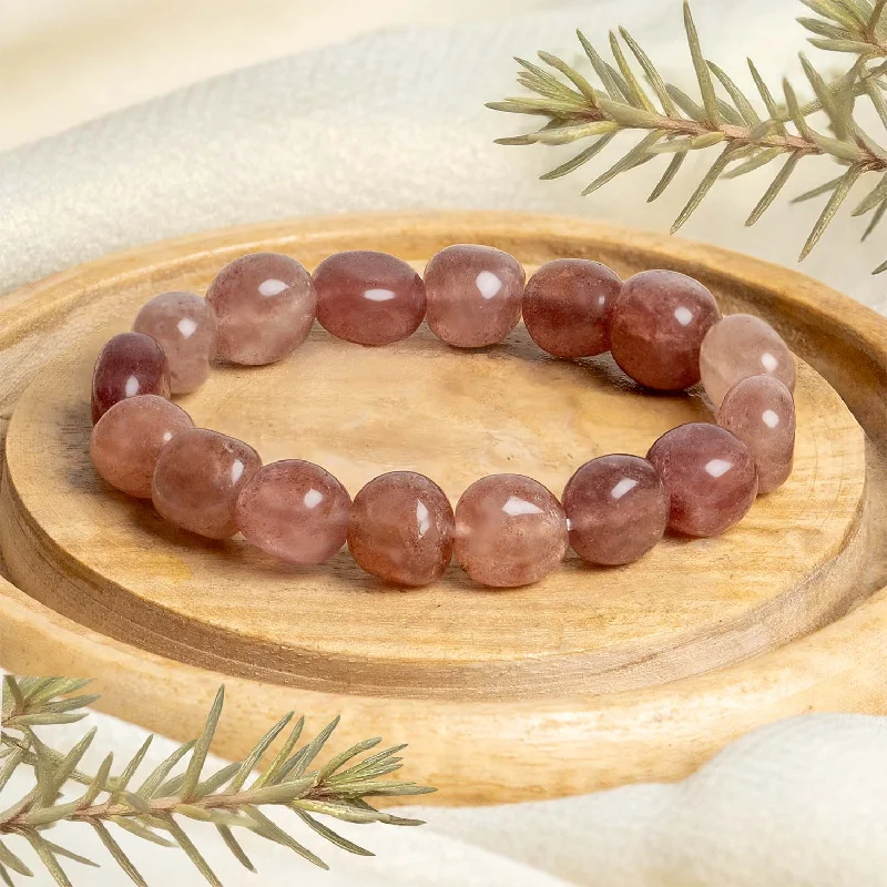 Men's Silver Bracelets with Unique Engraving-Strawberry Quartz Tumble Natural Stone Elastic Bracelet Men's Silver Bracelets with Unique Engraving-Strawberry Quartz Tumble Natural Stone Elastic Bracelet