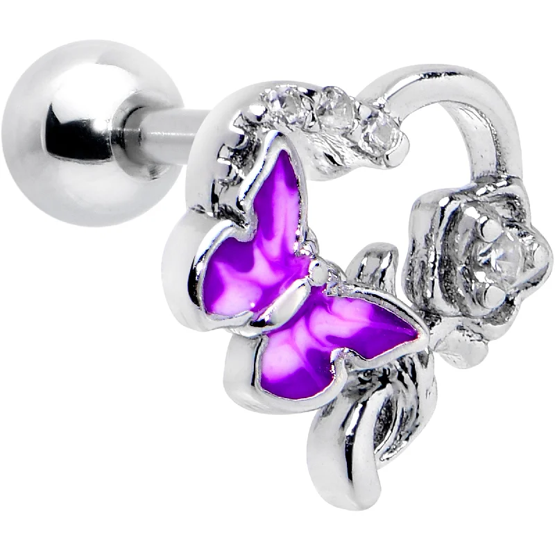 Women's Earrings – Elegant Designs for Every Personality--16 Gauge 1/4 Clear CZ Gem Butterfly Flower Purple Cartilage Earring