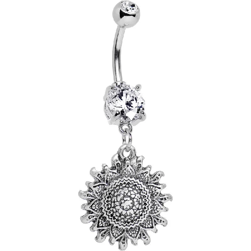 Comfortable Belly Rings with Bold Style -Clear Gem Mandala Flower Dangle Belly Ring