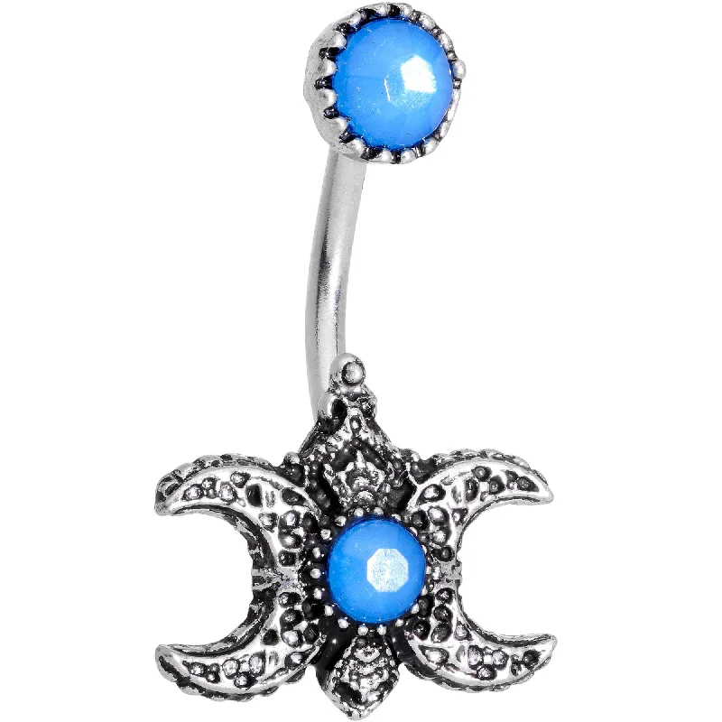 Stylish Belly Rings with Beautiful Details -Blue Faux Opal Ornate Triple Moon Goddess Belly Ring Stylish Belly Rings with Beautiful Details -Blue Faux Opal Ornate Triple Moon Goddess Belly Ring