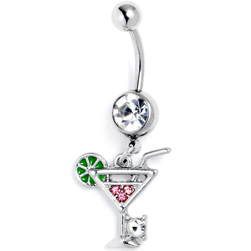 Designer Belly Rings for Unique Looks -Clear Pink Gem Cocktail Hour Dangle Belly Ring Designer Belly Rings for Unique Looks -Clear Pink Gem Cocktail Hour Dangle Belly Ring