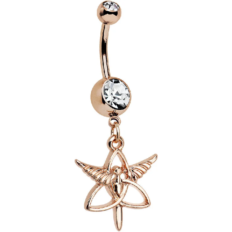 Comfortable Belly Rings with Shiny Finish -Clear Gem Rose Gold Anodized Heralds Staff Trinity Dangle Belly Ring Comfortable Belly Rings with Shiny Finish -Clear Gem Rose Gold Anodized Heralds Staff Trinity Dangle Belly Ring