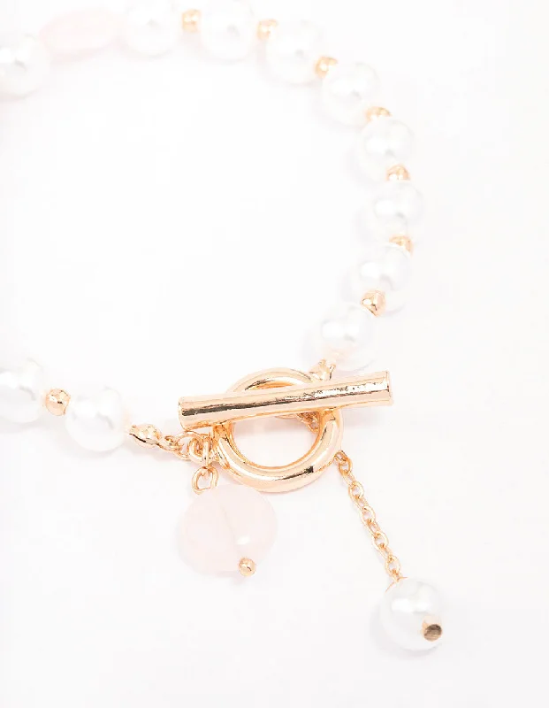 Vintage Gold Bangles for Women-Gold Pearl Beaded T&O Bracelet