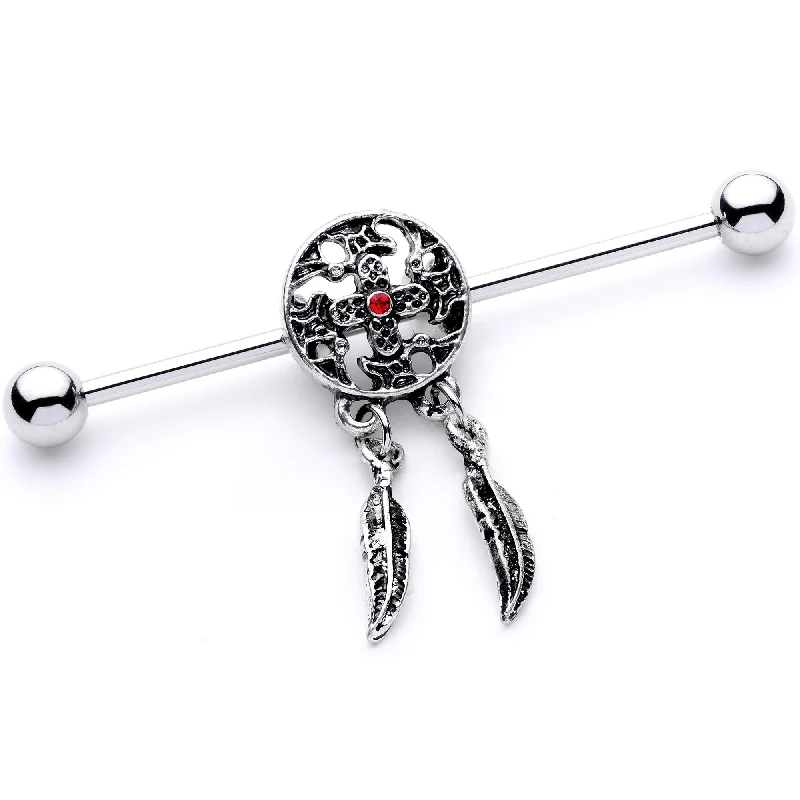 Women's Earrings – Elegant Designs for Every Personality--14 Gauge Red Gem Cross and Feather Dangle Industrial Barbell 38mm Women's Earrings – Elegant Designs for Every Personality--14 Gauge Red Gem Cross and Feather Dangle Industrial Barbell 38mm