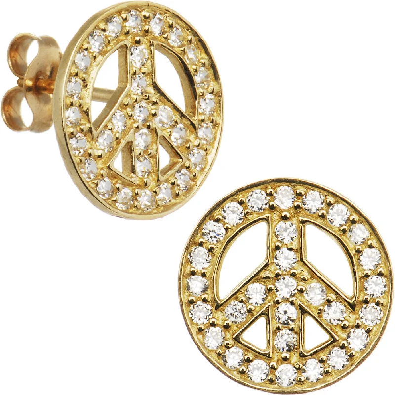 Women's Earrings – Elegant Designs for Every Personality--14kt Yellow Gold CZ Paved Peace Sign Stud Earrings Women's Earrings – Elegant Designs for Every Personality--14kt Yellow Gold CZ Paved Peace Sign Stud Earrings