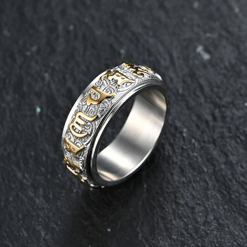 Chic Women's Rings for Fashion-Forward Looks-Buddha Stones Six True Words Balance Calm Titanium Steel Ring