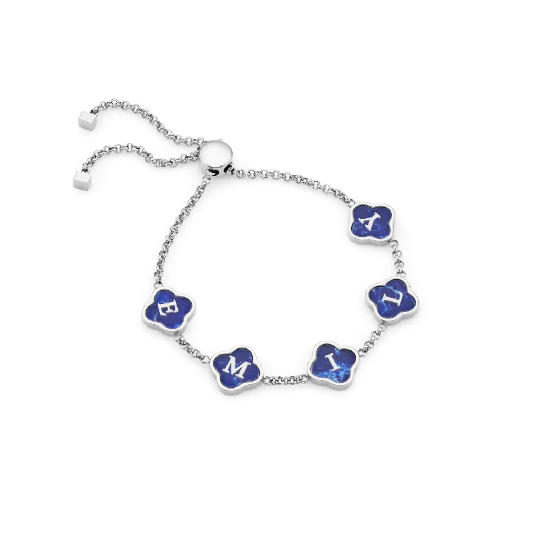 Cuff Style Bangles for Women-Blue Lace Agate Clover Custom Name Bracelet (Silver)