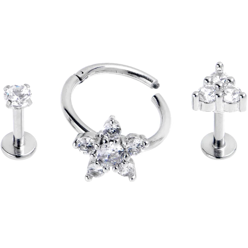 Durable Lip Rings with Classic Design16 Gauge Clear CZ Gem Glam Style Star Labret Segment Ring Set of 3