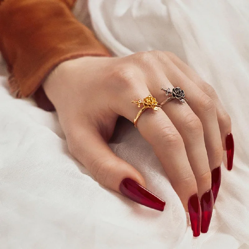 Chic Women's Rings for Fashion-Forward Looks-RHAPSODY. Dagger Through Rose Ring - Silver Chic Women's Rings for Fashion-Forward Looks-RHAPSODY. Dagger Through Rose Ring - Silver