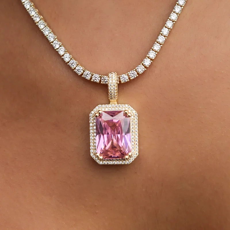 Shop Classic Women's  Necklaces & Pendants with a Modern Twist-Large Iced Pave Pink Pendant - Yellow Gold