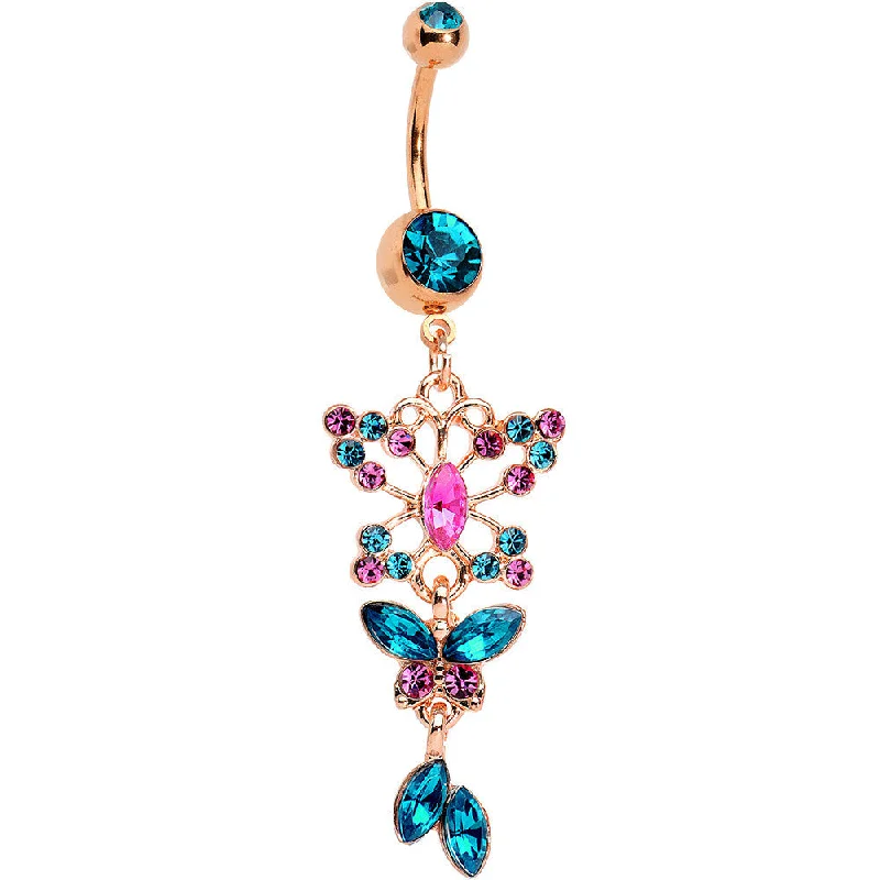 Trendy Belly Rings with Unique Features -Aqua Pink Rose Gold Anodized Vibrant Butterfly Dangle Belly Ring Trendy Belly Rings with Unique Features -Aqua Pink Rose Gold Anodized Vibrant Butterfly Dangle Belly Ring