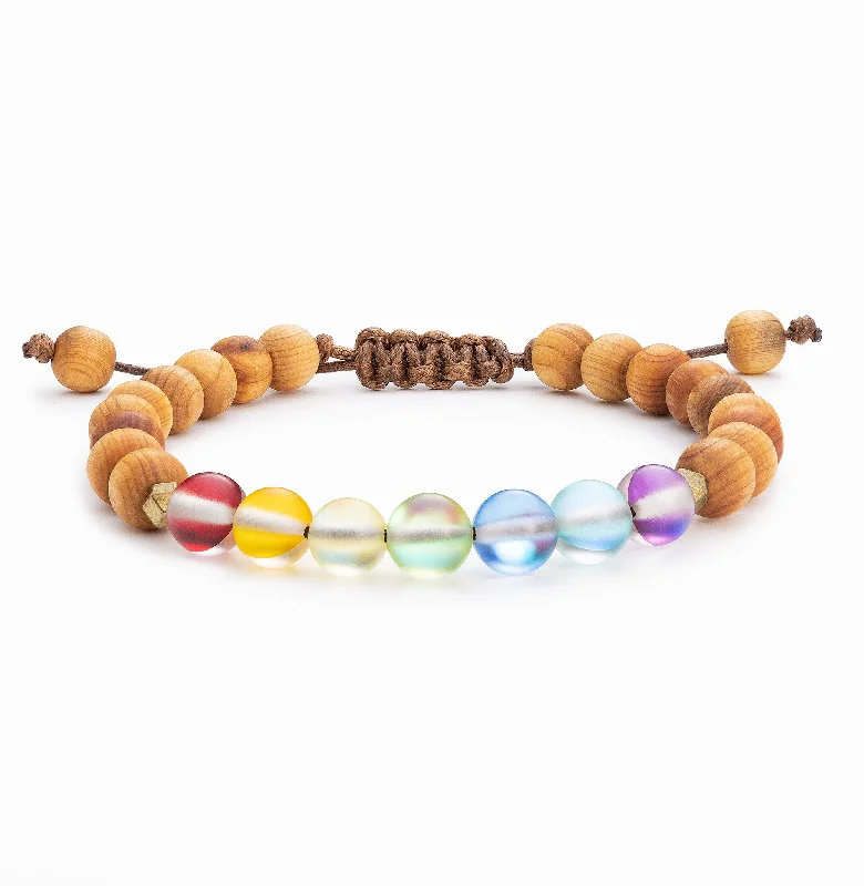 Colorful Bangles with Unique Stones for Women-Glow Glass Mini Chakra Wood Adjustable Bracelet