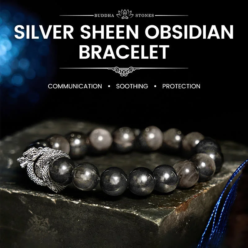 Men's Bracelets with Minimalist Charms-Buddha Stones Silver Sheen Obsidian Dragon Protection Bracelet Men's Bracelets with Minimalist Charms-Buddha Stones Silver Sheen Obsidian Dragon Protection Bracelet