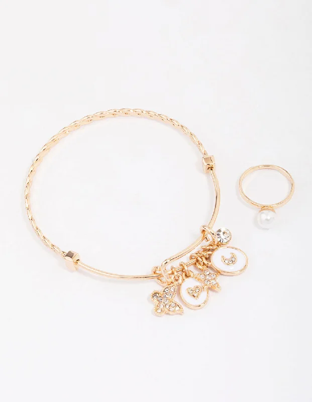 Statement Bangles for Women-Kids Rose Gold Twisted Charm Bracelet & Ring Jewellery Set